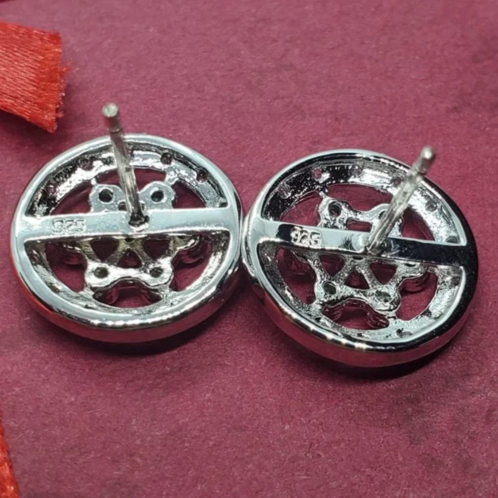 Sterling Silver 925 Rhodium Plated Round Helm Wheel CZ Stud Earrings